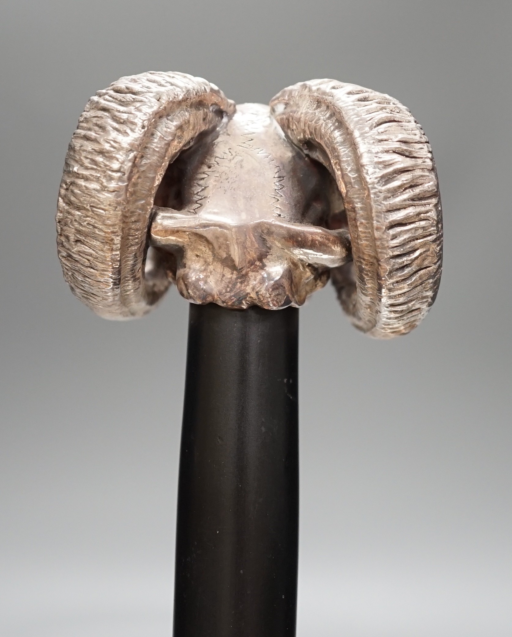 A Jeffery West umbrella with modern filled silver ram skull handle